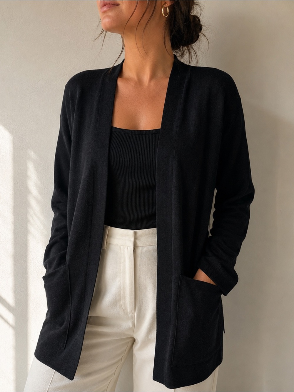 Exclusively Misook Black Longline Korea Cardigan Side Slits Minimalist L